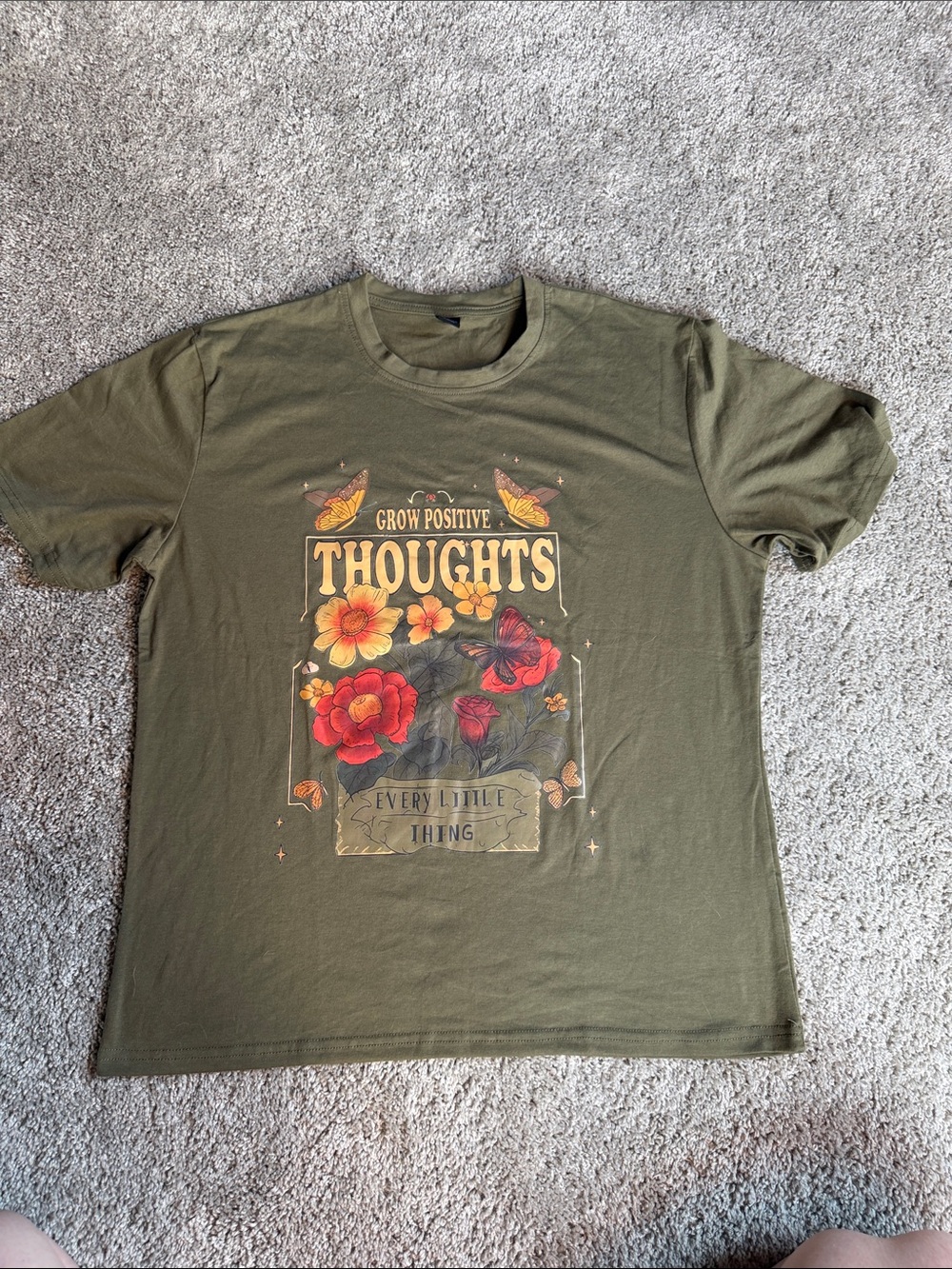 ROMWE Olive Green 'Grow Positive Thoughts' Floral Graphic Tee
